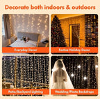 300 LED Curtain Lights with 18 Hang Down String Lights, 10×10 ft Plug in Hanging Fairy Lights for Twinkle Lights for Wedding Backdrop Patio