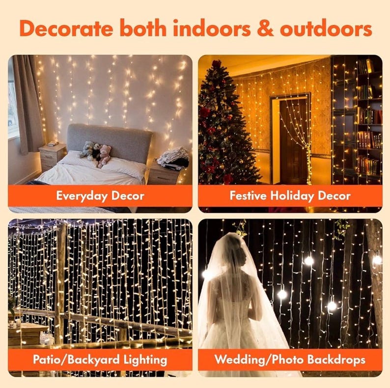 300 LED Curtain Lights with 18 Hang Down String Lights, 10×10 ft Plug in Hanging Fairy Lights for Twinkle Lights for Wedding Backdrop Patio