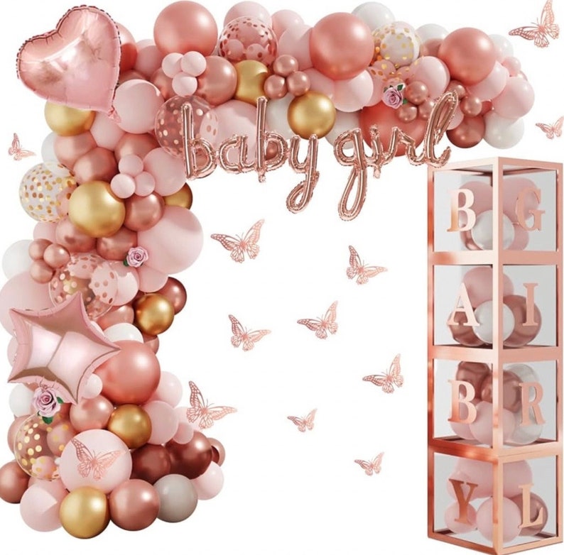 134pcs Rose Gold Balloons Baby Shower Decorations for Girl Baby Boxes, Butterfly Stickers Balloon Garland Arch Kit Baby Box with Letter