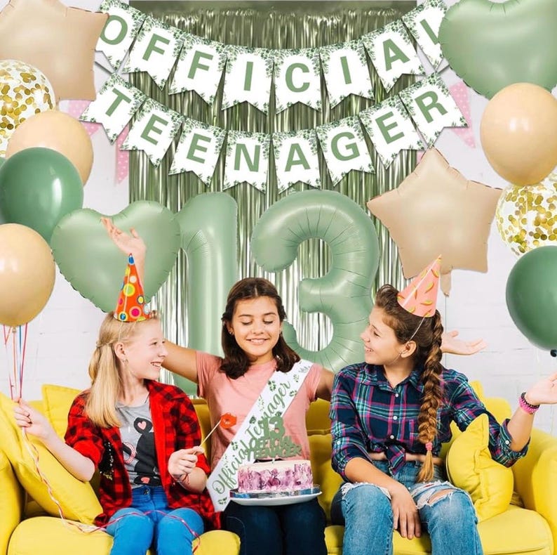 13th Birthday Decorations for Girls Boys, Sage Green Official Teenager Banner 13th Birthday Cake Topper Party Decorations Green Balloons Kit