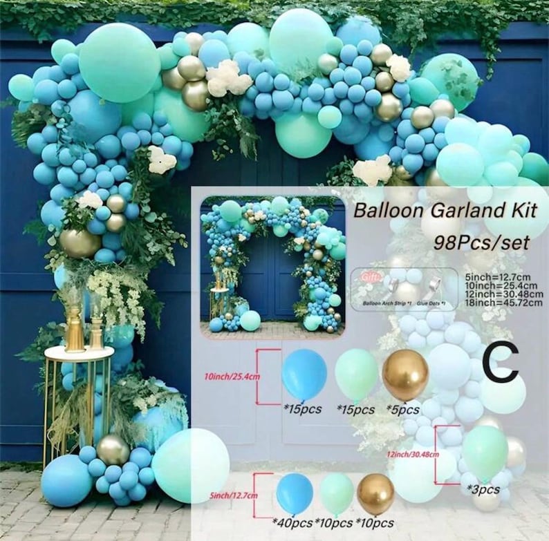Teal Mint Gold Balloon Garland Kit, Blue Green Balloon Arch, Baby Shower Birthday Party Decorations, Elegant Photo Backdrop