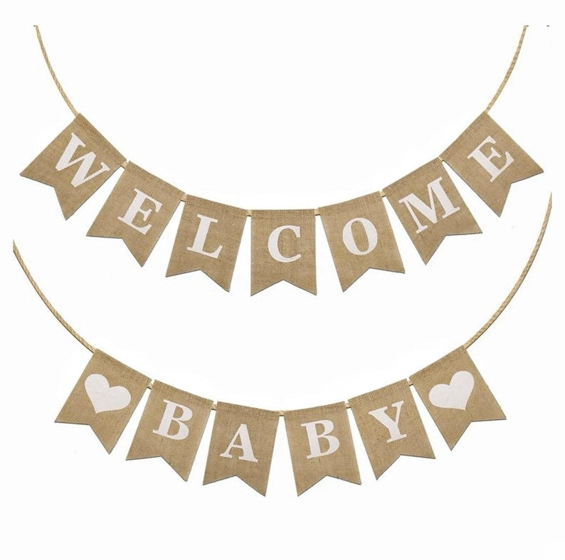 Welcome Baby Banner, Pre-Strung Burlap Welcome Baby Sign Banner Baby Shower Decoration Banner for Neutral Gender Reveal Party Baby Arrival
