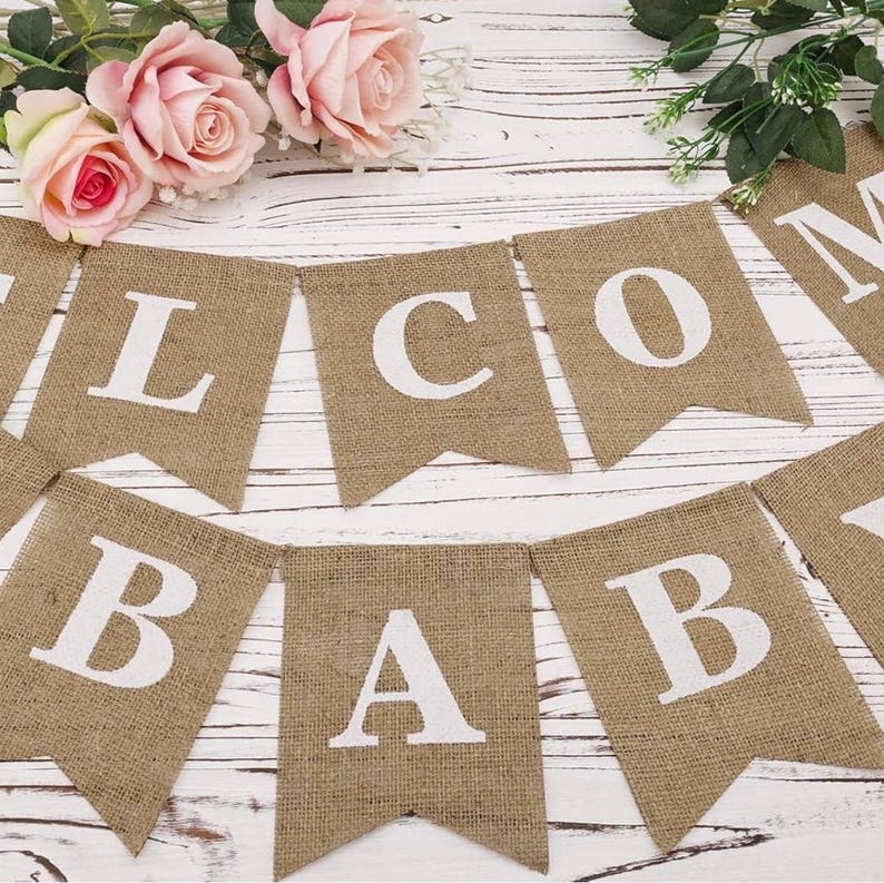 Welcome Baby Banner, Pre-Strung Burlap Welcome Baby Sign Banner Baby Shower Decoration Banner for Neutral Gender Reveal Party Baby Arrival