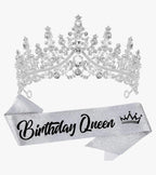 Hairband Tiara Crowns for Women Girls 2 Pieces Crystal Birthday Queen Headband Sash Elegant Princess Crown Happy Birthday Party Decorations