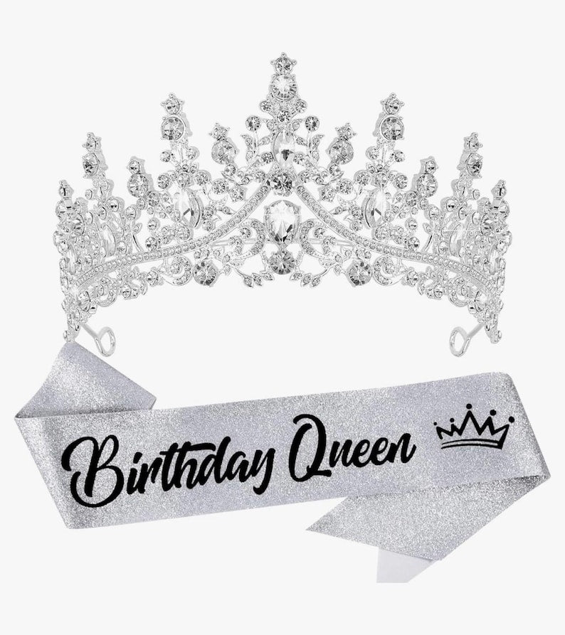 Hairband Tiara Crowns for Women Girls 2 Pieces Crystal Birthday Queen Headband Sash Elegant Princess Crown Happy Birthday Party Decorations