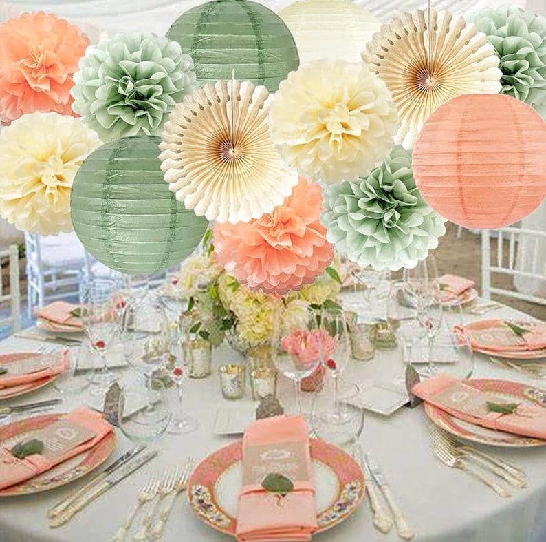 Sage Green Party Decorations Sage Cream Peach Tissue Paper Pom Poms Paper Lanterns Paper Fans for Neutral Birthday Baby Shower Bridal Shower