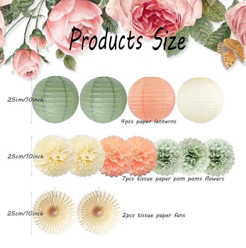Sage Green Party Decorations Sage Cream Peach Tissue Paper Pom Poms Paper Lanterns Paper Fans for Neutral Birthday Baby Shower Bridal Shower