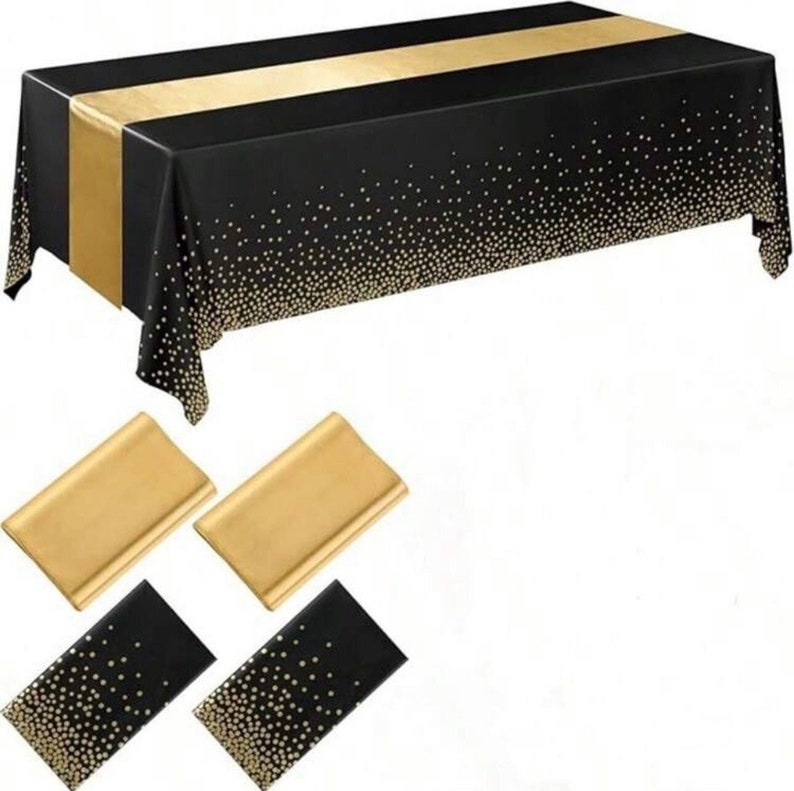 Black and Gold Tablecloths and Satin Table Runner Set, Table Cover Dining Plastic Table Cloths