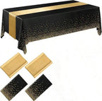Black and Gold Tablecloths and Satin Table Runner Set, Table Cover Dining Plastic Table Cloths