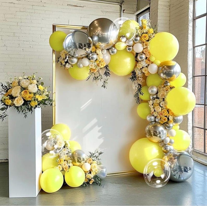 Yellow Balloon Arch Kit, Double Stuffed Pastel Yellow Sliver Metallic Balloon Garland Clear Bobo Balloons for Wedding Baby Shower Birthday