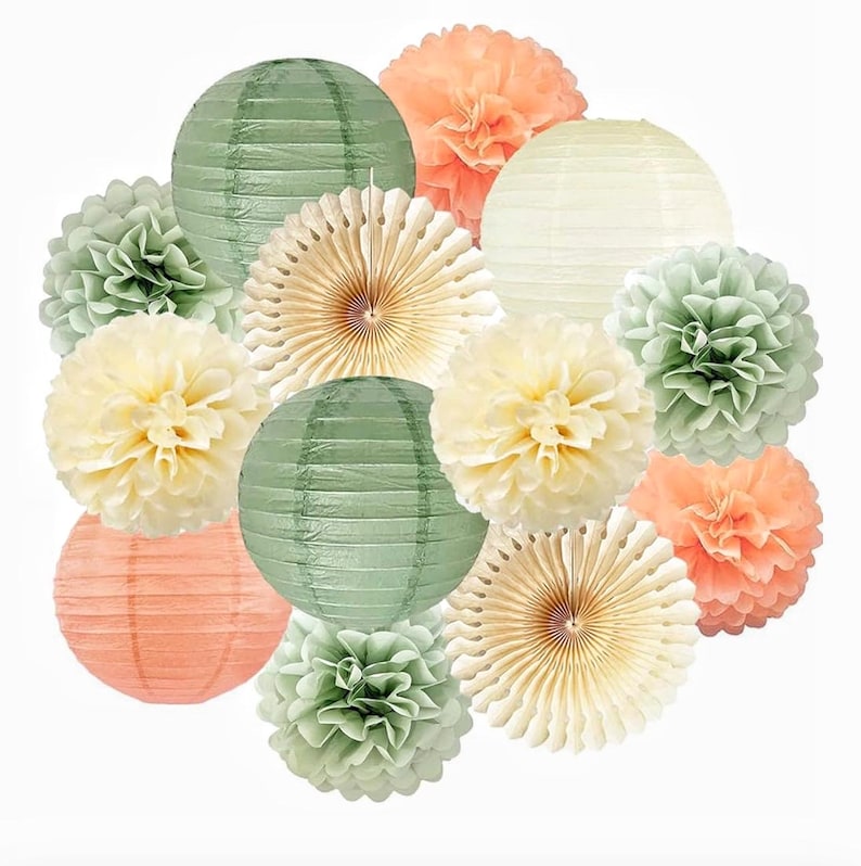 Sage Green Party Decorations Sage Cream Peach Tissue Paper Pom Poms Paper Lanterns Paper Fans for Neutral Birthday Baby Shower Bridal Shower