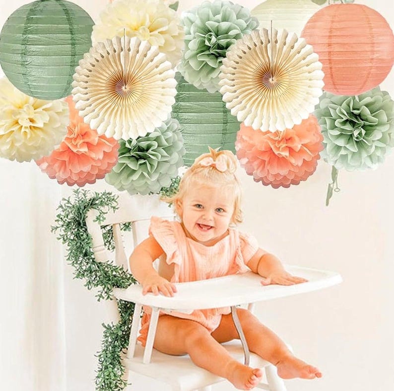 Sage Green Party Decorations Sage Cream Peach Tissue Paper Pom Poms Paper Lanterns Paper Fans for Neutral Birthday Baby Shower Bridal Shower