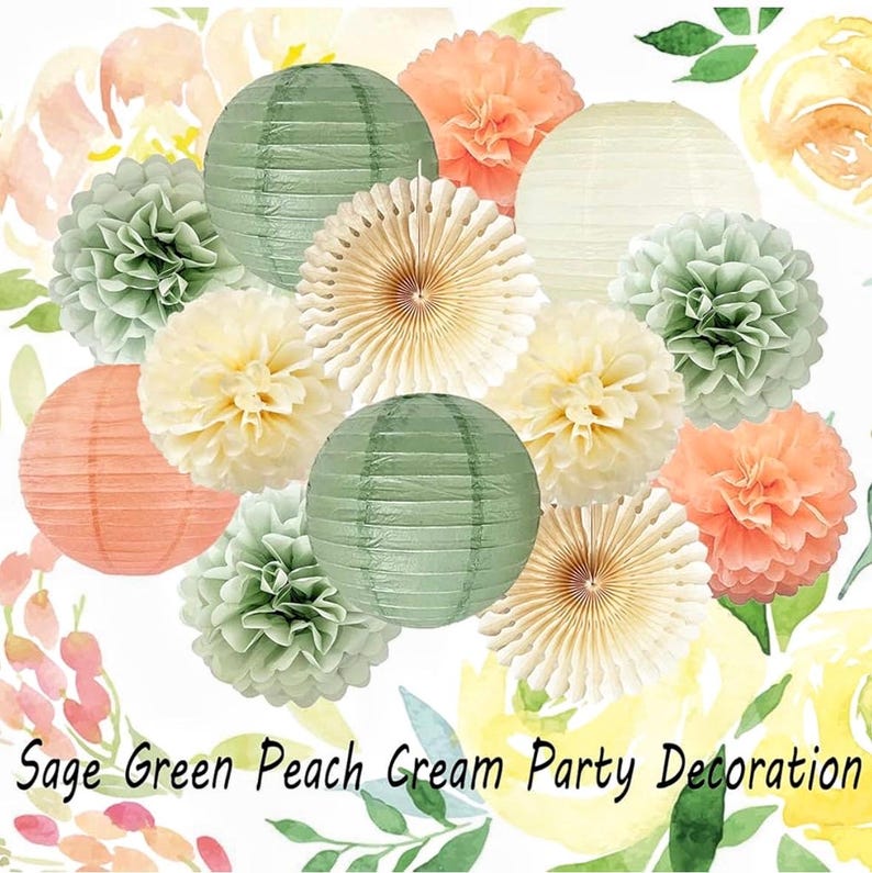 Sage Green Party Decorations Sage Cream Peach Tissue Paper Pom Poms Paper Lanterns Paper Fans for Neutral Birthday Baby Shower Bridal Shower