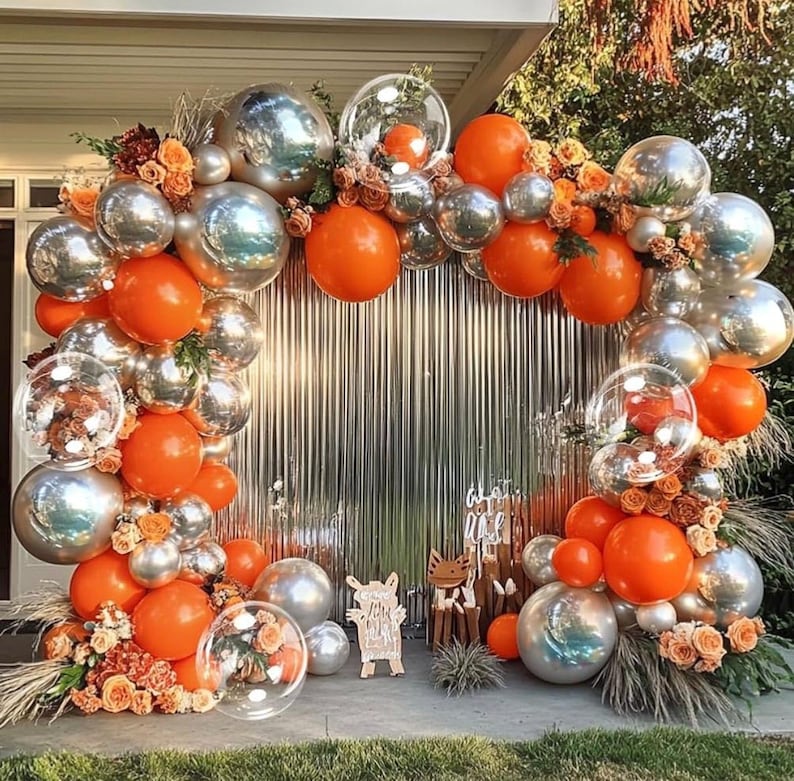 Orange Silver Balloon Garland Metallic Silver Orange Pearl Clear balloon Arch Kit for Halloween Fall Thanksgiving Halloween Baby Shower