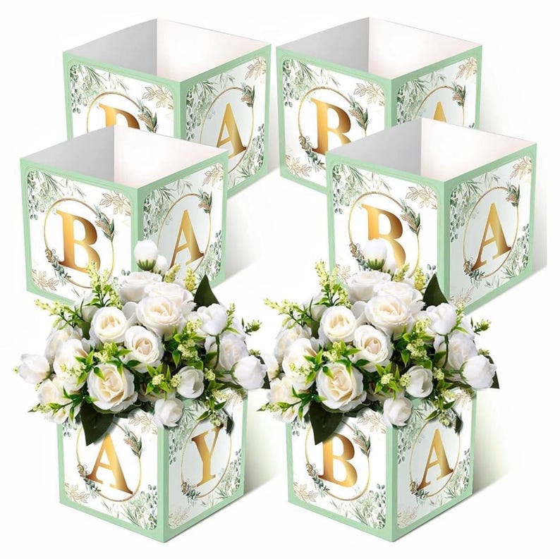 6 Pcs Baby Shower Party Decorations Baby Flower Boxes Centerpiece Rustic Table Display with Letters Gender Reveal Party Favor Block Holder