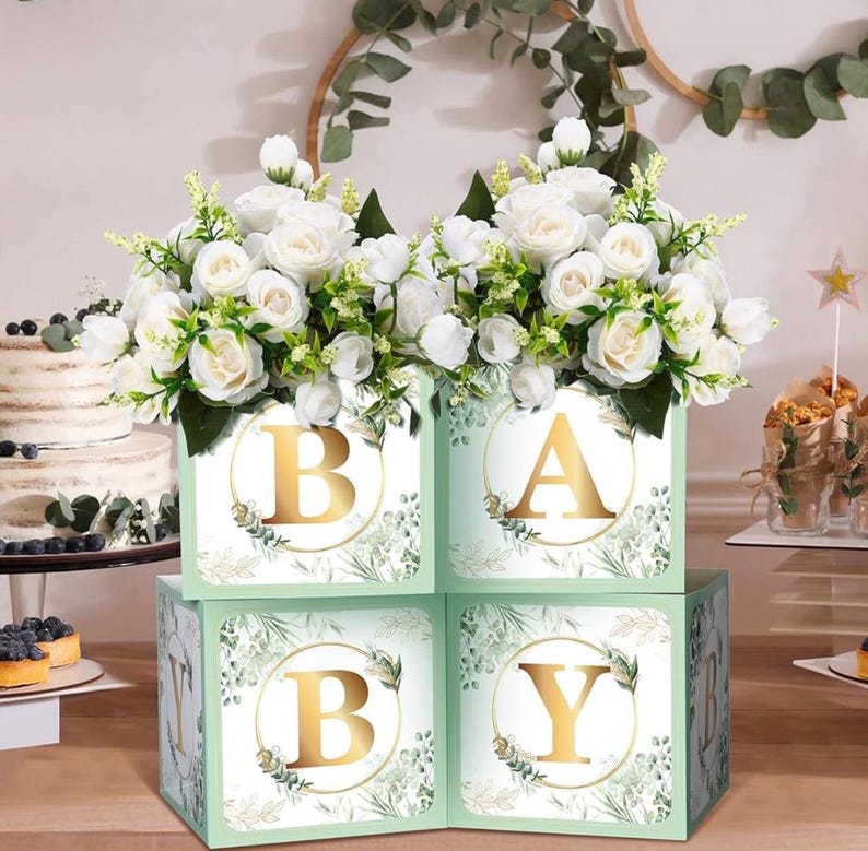 6 Pcs Baby Shower Party Decorations Baby Flower Boxes Centerpiece Rustic Table Display with Letters Gender Reveal Party Favor Block Holder