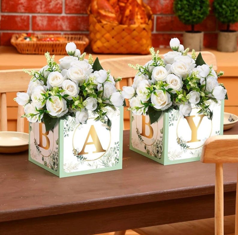 6 Pcs Baby Shower Party Decorations Baby Flower Boxes Centerpiece Rustic Table Display with Letters Gender Reveal Party Favor Block Holder