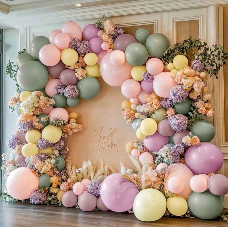 Dusty Green Pink Yellow Balloon Garland - Double Stuffed Pastel Pink Lilac Yellow Balloons Haze Pink Purple Green Floral Balloon Arch Kit
