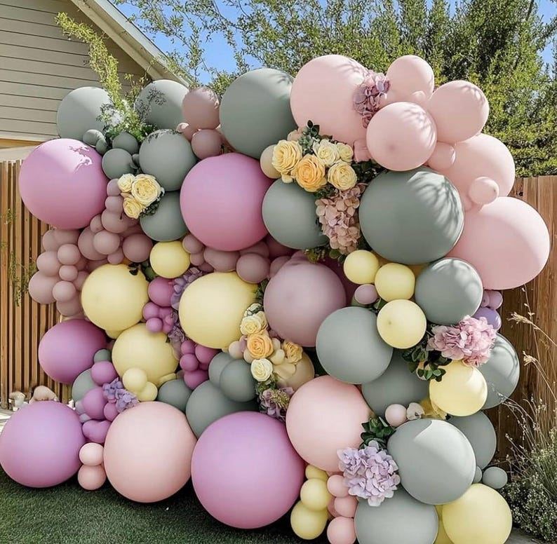 Dusty Green Pink Yellow Balloon Garland - Double Stuffed Pastel Pink Lilac Yellow Balloons Haze Pink Purple Green Floral Balloon Arch Kit