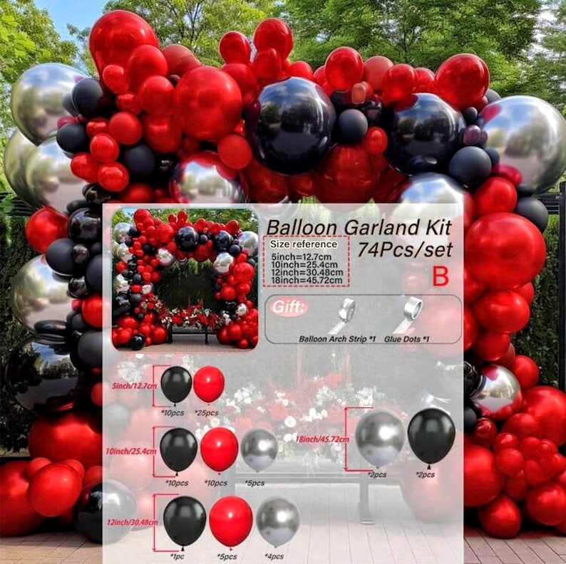 Black Red Silver Balloon Garland Red Black Balloons Different Sizes Dark Red Latex Red Metallic Silver Balloon Arch Kit ,74Pcs