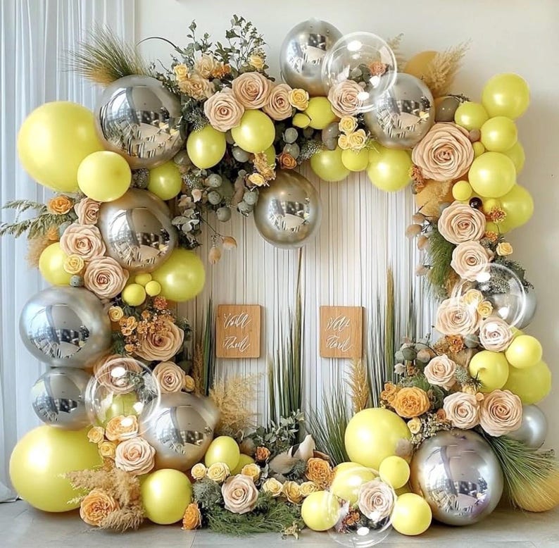 Yellow Balloon Arch Kit, Double Stuffed Pastel Yellow Sliver Metallic Balloon Garland Clear Bobo Balloons for Wedding Baby Shower Birthday