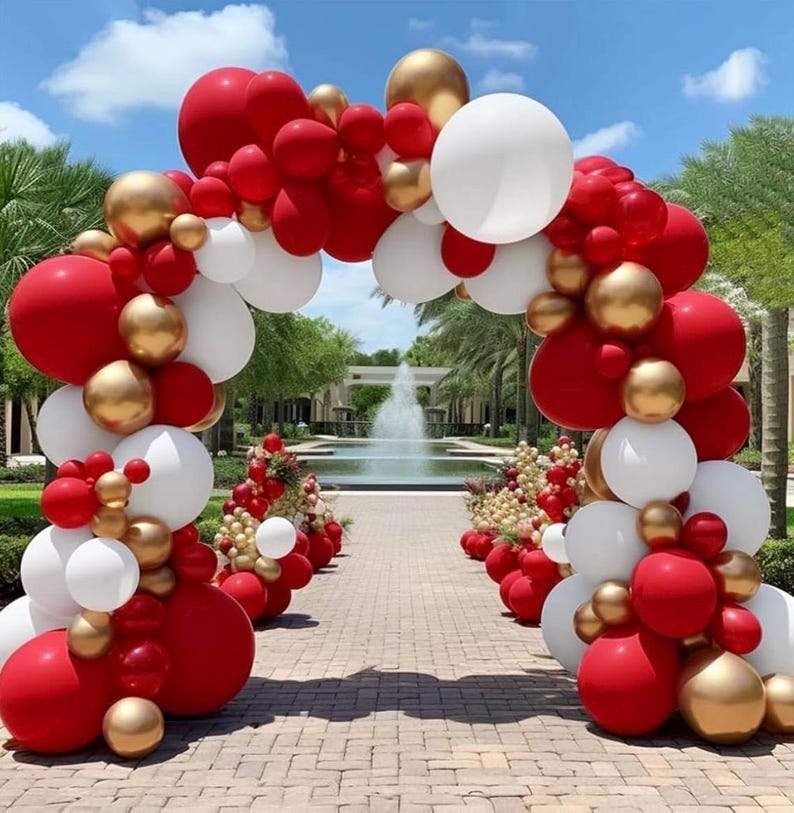 Red White Gold Balloon Arch Double Stuffed Red and White Balloons Matte Ruby Red Balloon Garland Kit Metallic Gold Latex Balloons