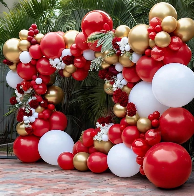 Red White Gold Balloon Arch Double Stuffed Red and White Balloons Matte Ruby Red Balloon Garland Kit Metallic Gold Latex Balloons