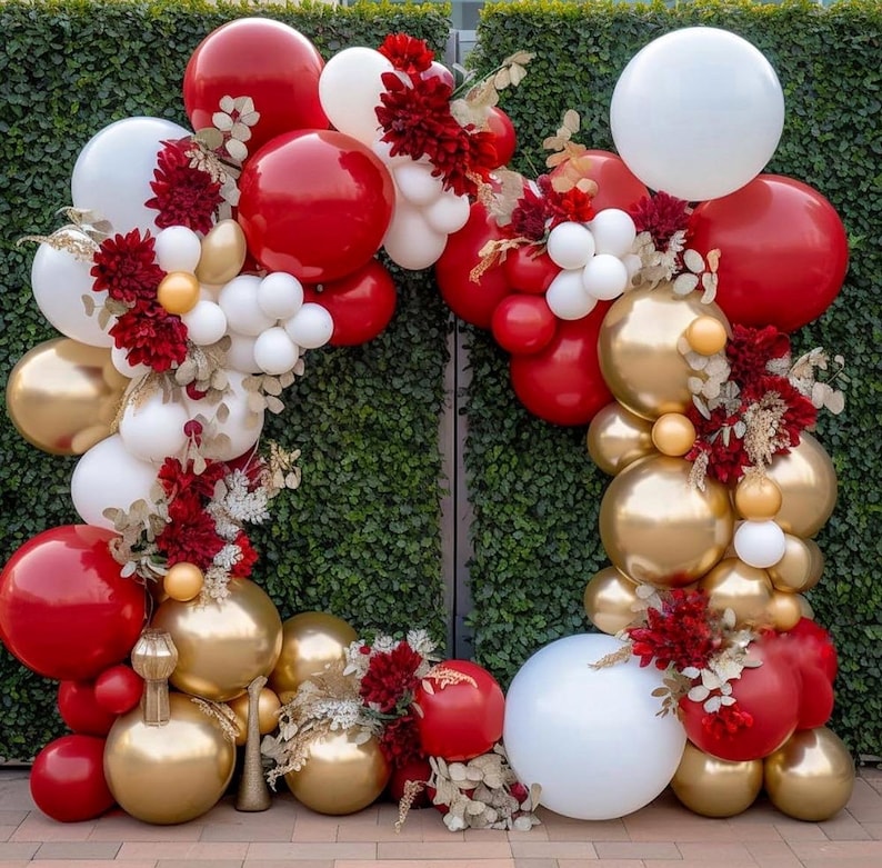 Red White Gold Balloon Arch Double Stuffed Red and White Balloons Matte Ruby Red Balloon Garland Kit Metallic Gold Latex Balloons