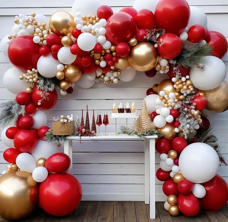 Red White Gold Balloon Arch Double Stuffed Red and White Balloons Matte Ruby Red Balloon Garland Kit Metallic Gold Latex Balloons
