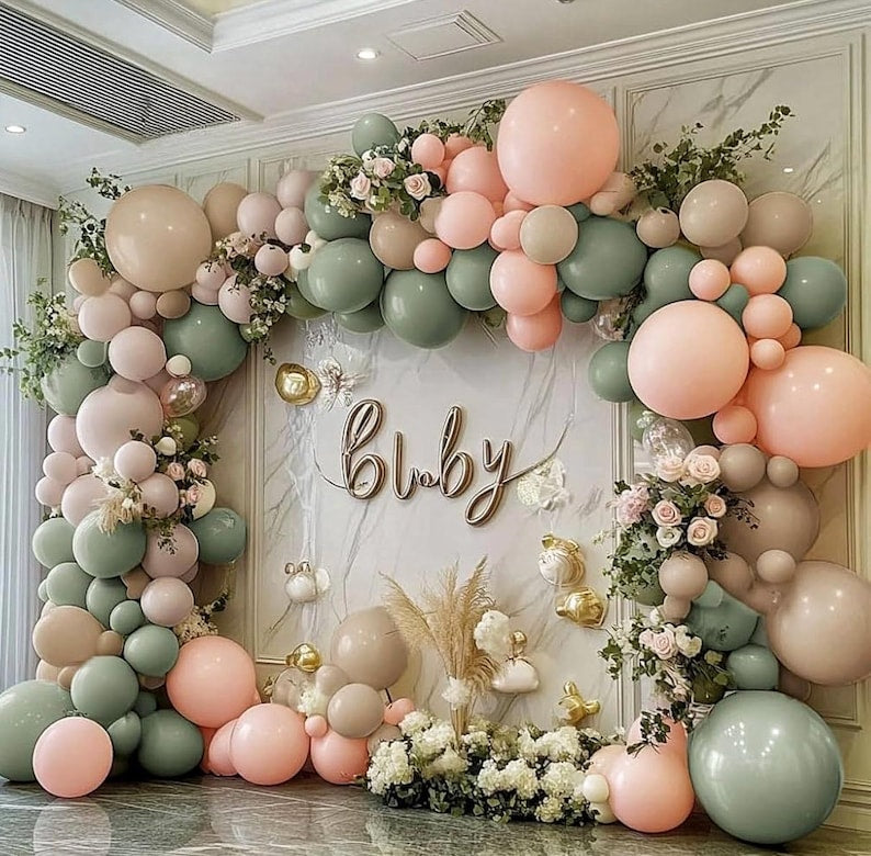 Dusty Green Pink Balloon Garland Double Stuffed Blush Pink Cream Balloon Retro Green Peach Balloon Arch Kit Sand White Balloons