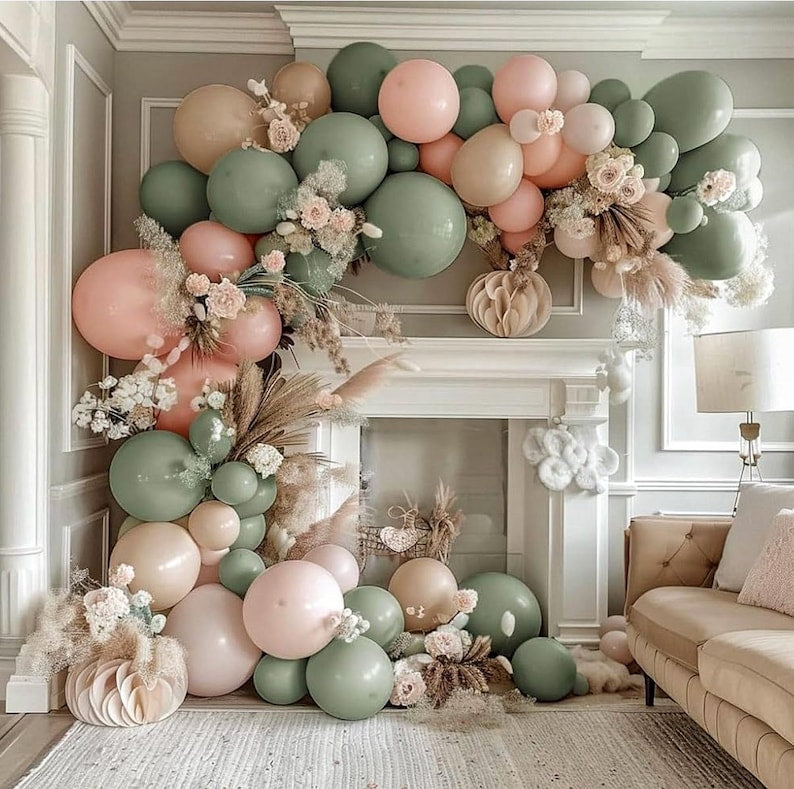 Dusty Green Pink Balloon Garland Double Stuffed Blush Pink Cream Balloon Retro Green Peach Balloon Arch Kit Sand White Balloons