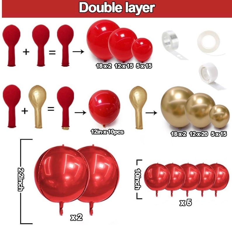 Red and Gold Balloon Garland Double Stuffed Ruby Red Gold Balloons Arch Kit With Red Mylar Balloon for Wedding Engagements Valentine’s Day