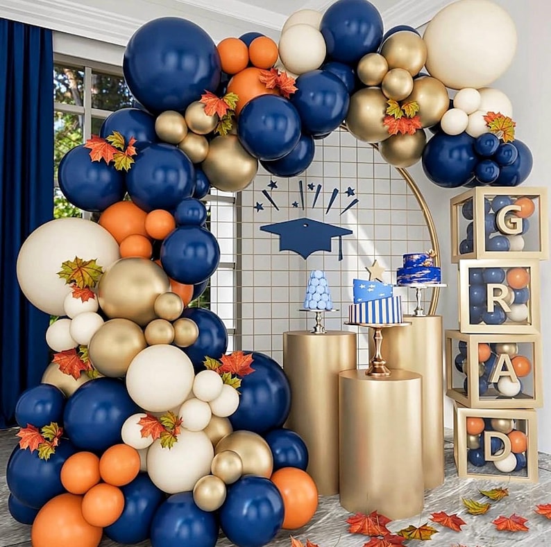Fall Balloon Arch Kit, Navy Blue White Metallic Gold Double Stuffed Burnt Orange Fall Balloon Garland Arch Kit for Thanksgiving Balloons