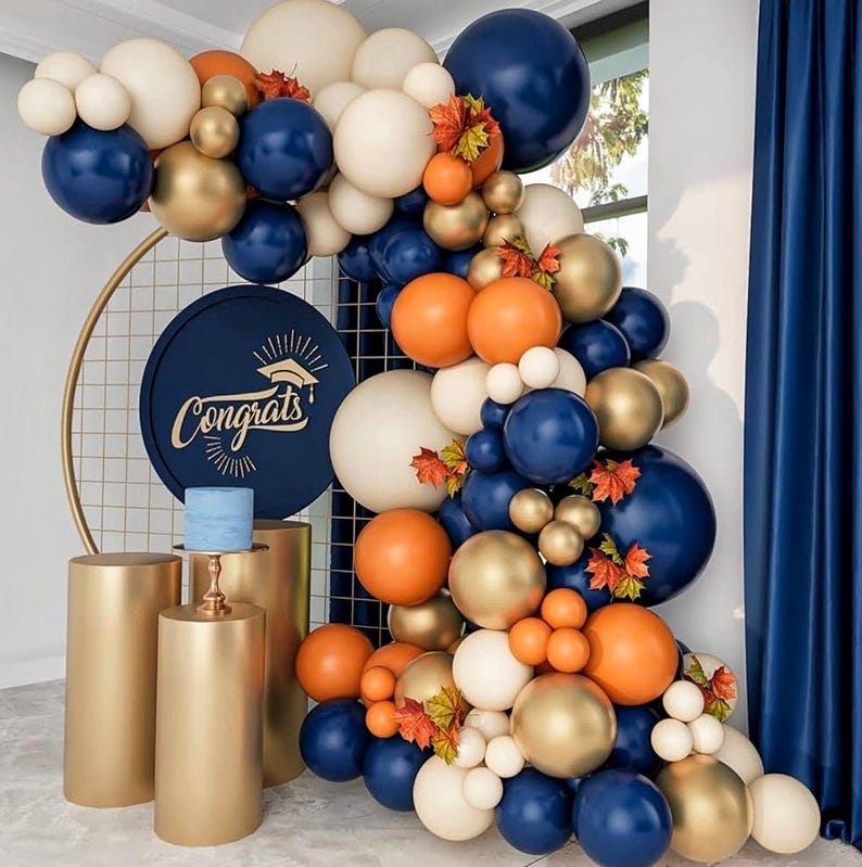 Fall Balloon Arch Kit, Navy Blue White Metallic Gold Double Stuffed Burnt Orange Fall Balloon Garland Arch Kit for Thanksgiving Balloons