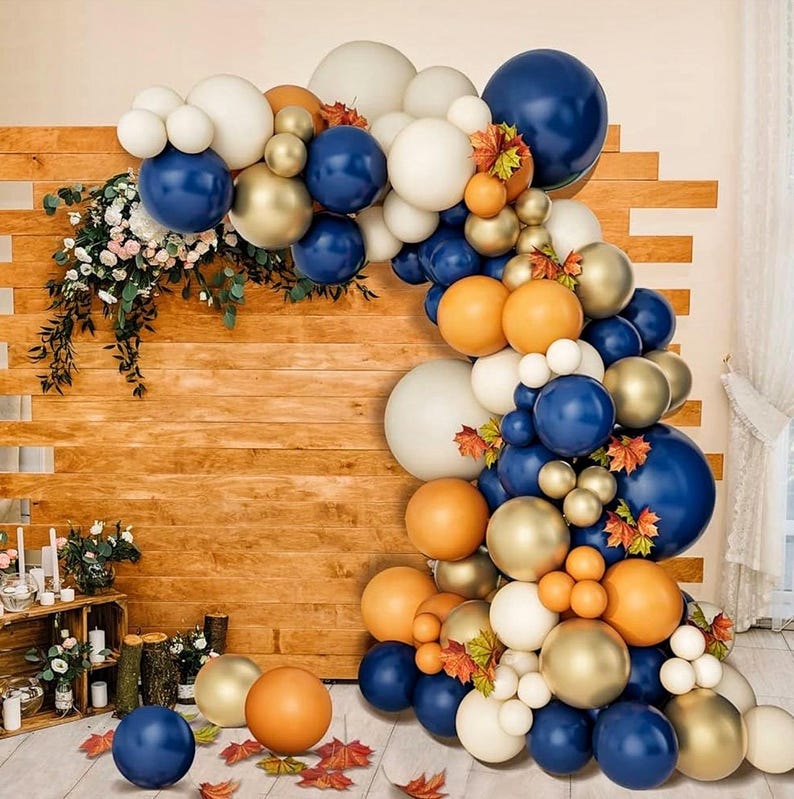Fall Balloon Arch Kit, Navy Blue White Metallic Gold Double Stuffed Burnt Orange Fall Balloon Garland Arch Kit for Thanksgiving Balloons