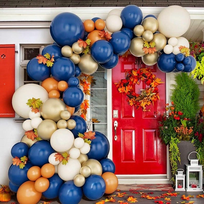 Fall Balloon Arch Kit, Navy Blue White Metallic Gold Double Stuffed Burnt Orange Fall Balloon Garland Arch Kit for Thanksgiving Balloons