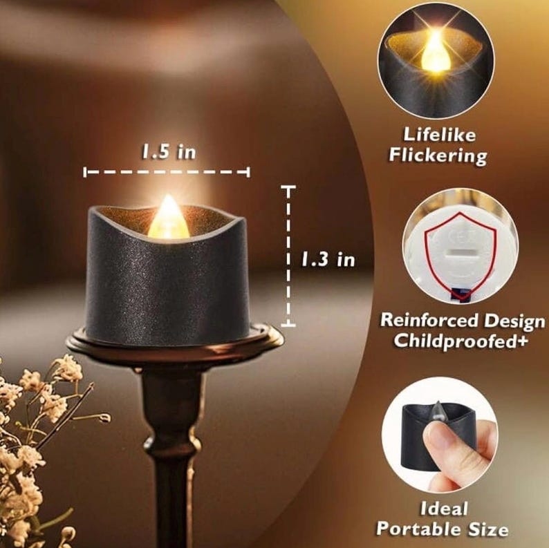 Black Tea Lights Candles Battery Operated, 200+Hour Flameless Flickering Fake Electric LED Colored Tealights Candles for Halloween