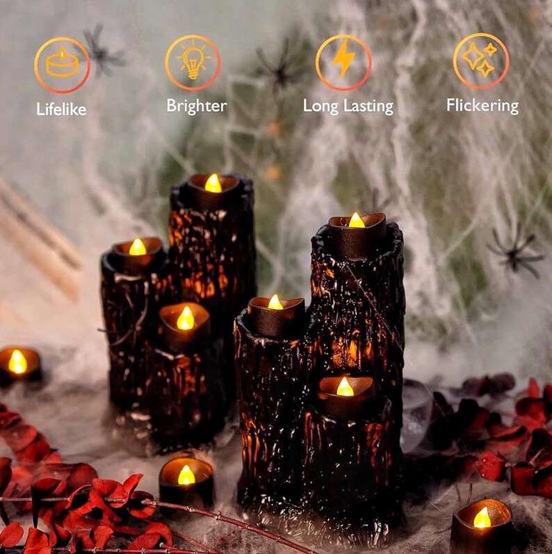 Black Tea Lights Candles Battery Operated, 200+Hour Flameless Flickering Fake Electric LED Colored Tealights Candles for Halloween