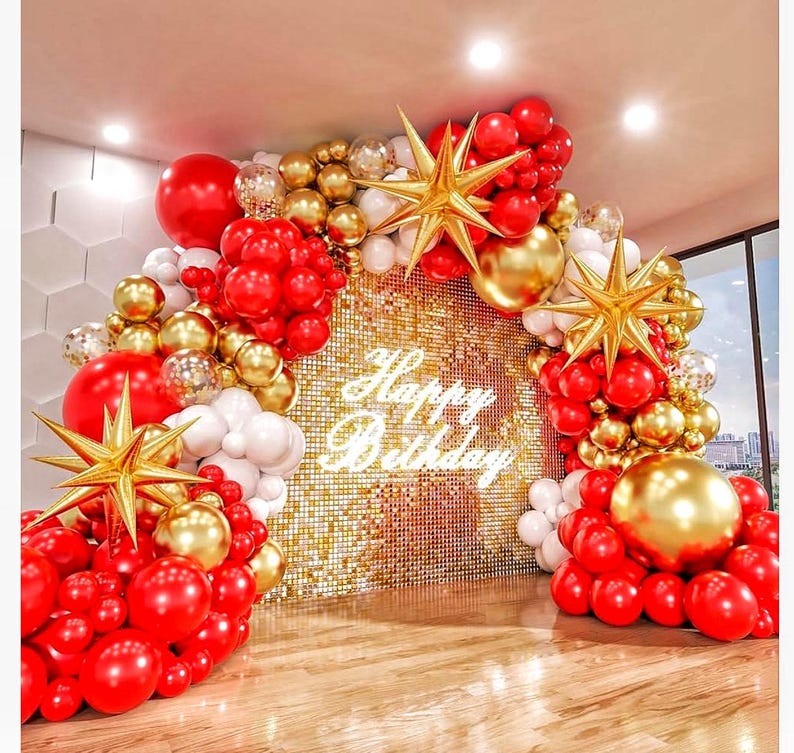 Red Gold White Balloon Garland Arch Kit, 187Pcs Explosion Star Balloons Red White Metallic Gold Confetti Latex Balloon for Valentine's Day