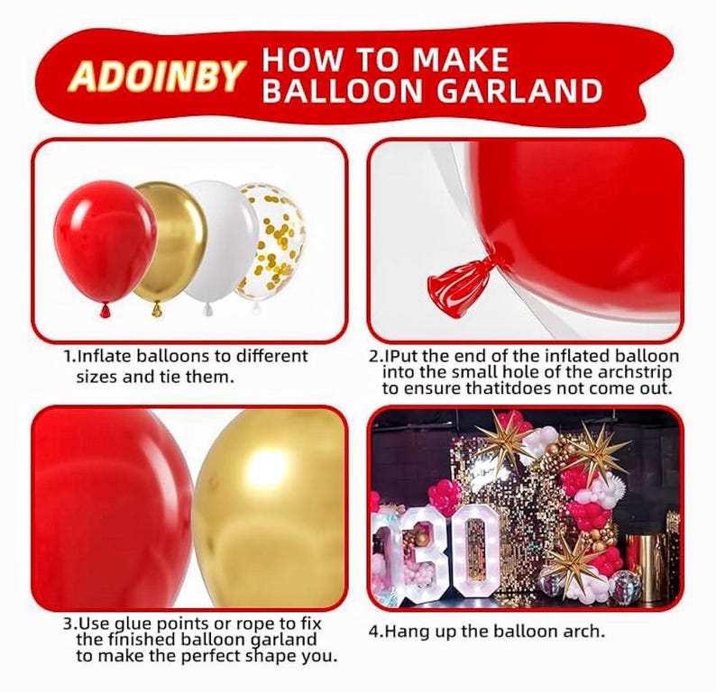 Red Gold White Balloon Garland Arch Kit, 187Pcs Explosion Star Balloons Red White Metallic Gold Confetti Latex Balloon for Valentine's Day