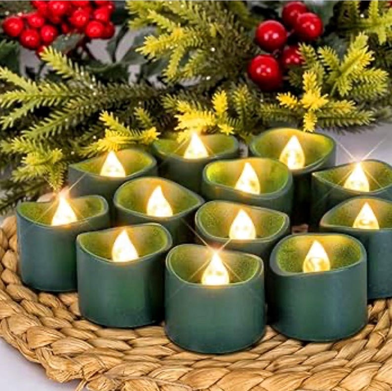 Green Tea Lights Candles Battery Operated, 200+Hour Flameless Flickering Fake Electric LED Colored Tealights Candles for Christmas