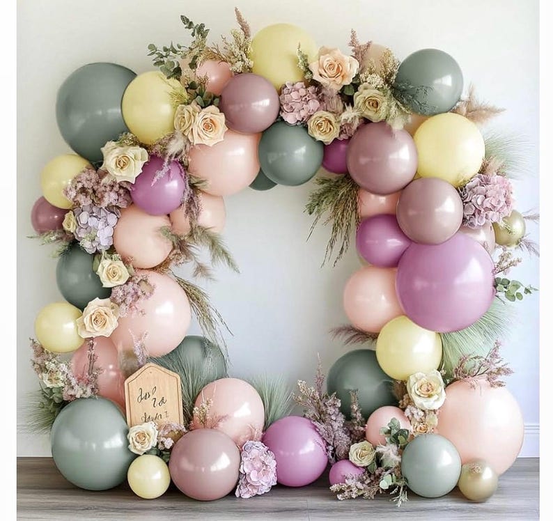 Dusty Green Pink Yellow Balloon Garland - Double Stuffed Pastel Pink Lilac Yellow Balloons Haze Pink Purple Green Floral Balloon Arch Kit