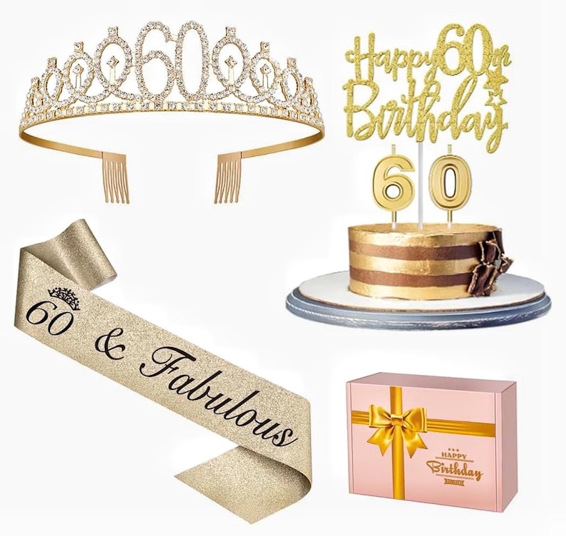 60th Birthday Decorations for Women Gold, Including 60th Birthday Sash and Tiara,60th Birthday Cake Topper and Number 60 Candles, Happy 60th