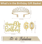 60th Birthday Decorations for Women Gold, Including 60th Birthday Sash and Tiara,60th Birthday Cake Topper and Number 60 Candles, Happy 60th