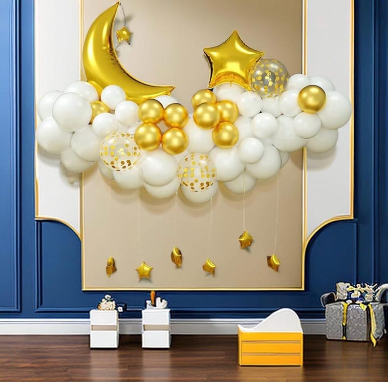 Twinkle Twinkle Little Star Gender Reveal Balloon Arch Kit - White and Gold Moon Star Foil Confetti Balloons for Baby Shower & Christmas