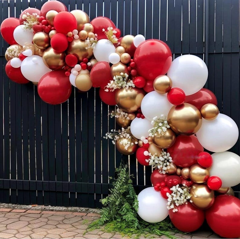 Red White Gold Balloon Arch Double Stuffed Red and White Balloons Matte Ruby Red Balloon Garland Kit Metallic Gold Latex Balloons