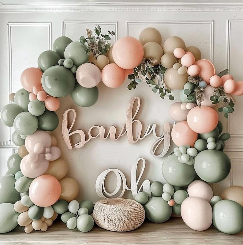 Dusty Green Pink Balloon Garland Double Stuffed Blush Pink Cream Balloon Retro Green Peach Balloon Arch Kit Sand White Balloons