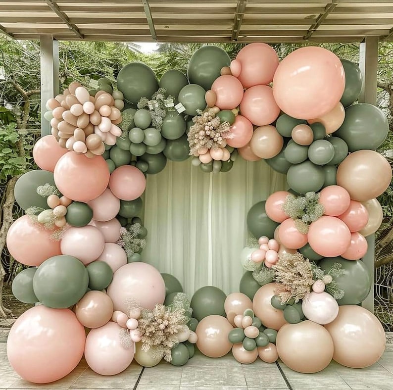 Dusty Green Pink Balloon Garland Double Stuffed Blush Pink Cream Balloon Retro Green Peach Balloon Arch Kit Sand White Balloons