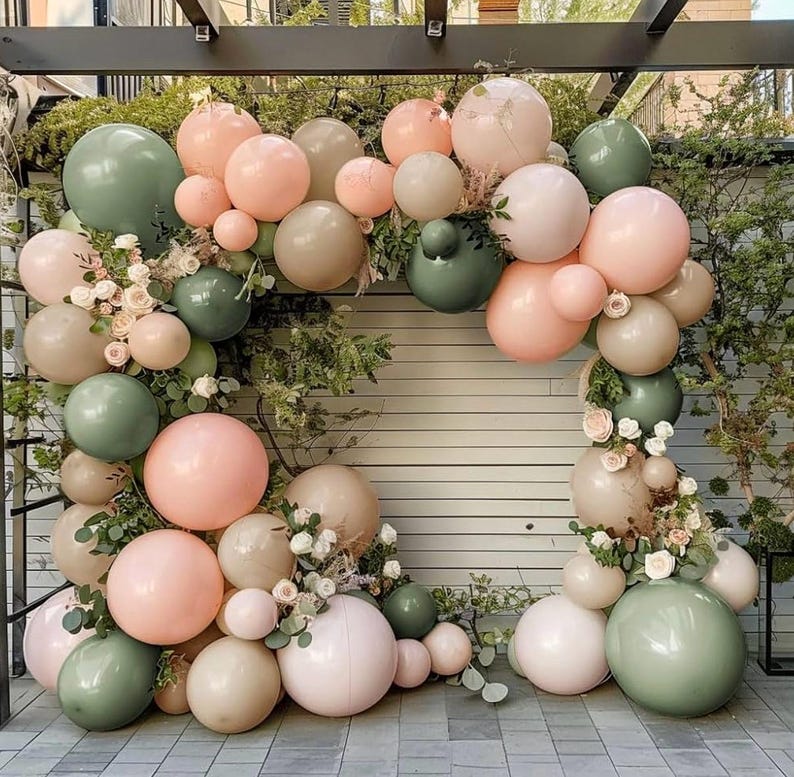 Dusty Green Pink Balloon Garland Double Stuffed Blush Pink Cream Balloon Retro Green Peach Balloon Arch Kit Sand White Balloons