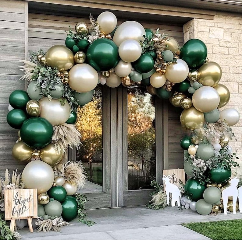 Emerald Green Gold Balloon Arch Double Stuffed Dusty Dark Green Pearl White Sand Balloon Garland Pastel Forest Green Latex Balloon Kit